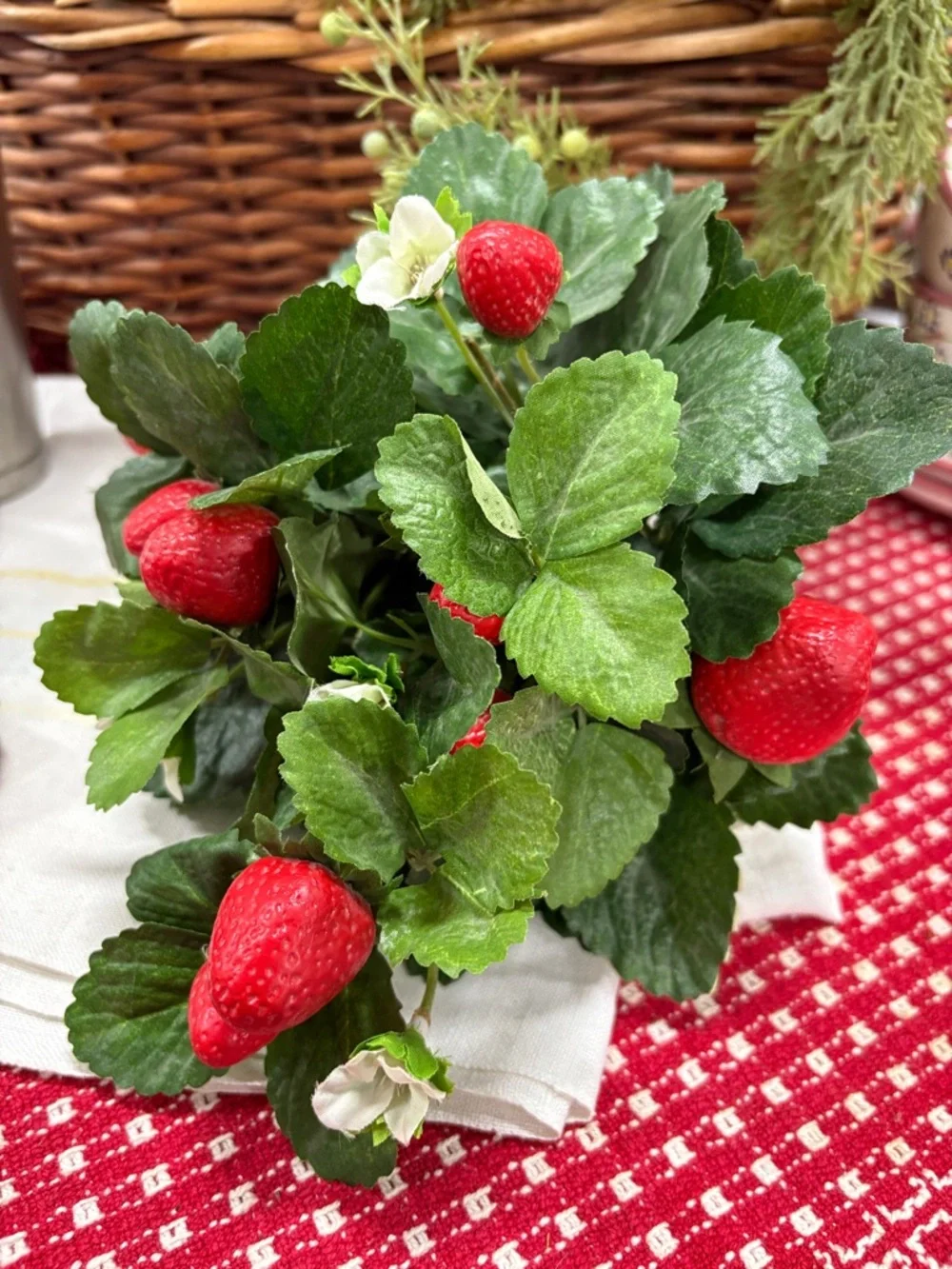 Artificial Strawberry Leaf Spray - Red & Green Decorative Pick